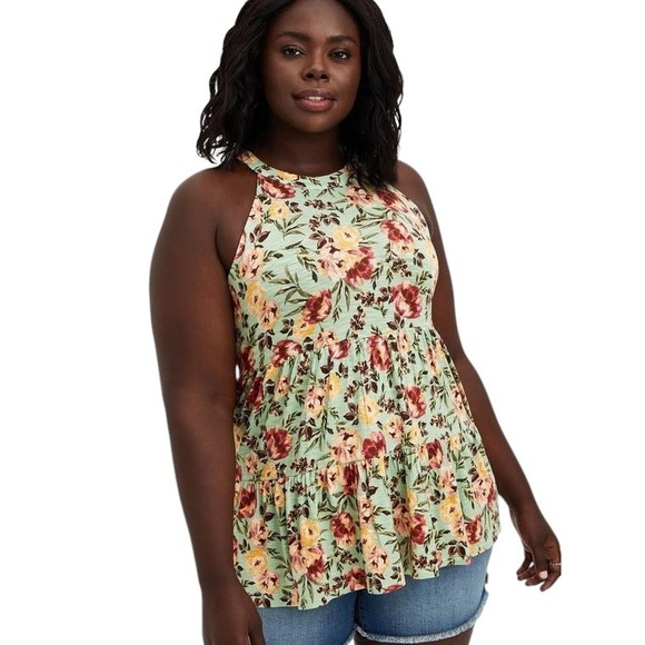 torrid Tops - Torrid Super Soft Plus Size 3X Tank Top Green Floral Tiered Babydoll Swing 467